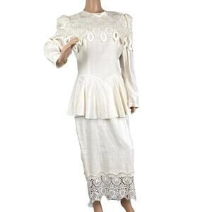 Vintage Jessica McClintock Linen & Lace Peplum Dress Cottagecore  Rare Unique